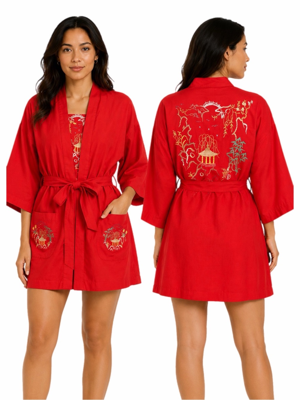 70s European Vintage Chinese Import Embroidered Hut Kimono Robe (Red/Multi) M